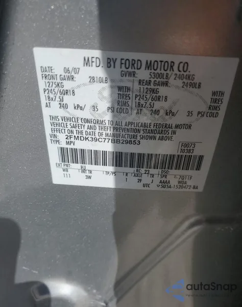 2007 Ford Edge Sel Plus z USA, uszkodzony, nr VIN 2FMDK39C77BB29853